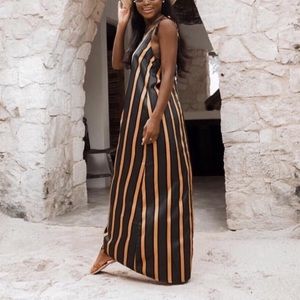 Black and gold satin maxi dress w/ string tassels